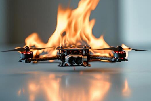 A small drone is hovering over a fire, with its wings spread wide photo
