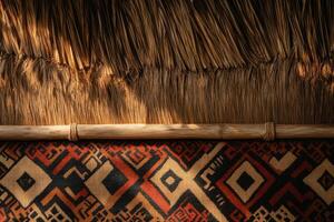 A woven straw roof with a red and black carpet underneath photo