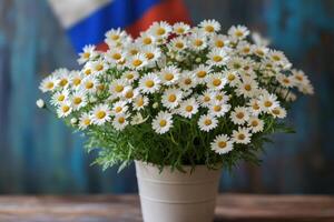 A white flower pot with a bunch of white daisies in it photo