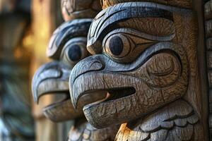 Two wooden bird statues with their beaks open, one of which has a large eye photo
