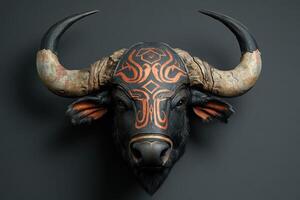 A large, black and orange bull head with a design on it photo