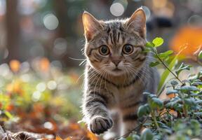 Curious tabby kitten walking through a garden with a blurred bokeh background photo