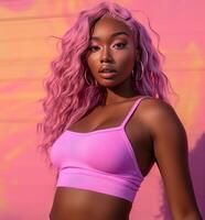 Stylish woman with pink hair and a matching crop top posing against a vibrant pink and orange background photo