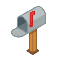 Isometric mailbox on post with red flag transparent background digital illustration modern design minimalist style png