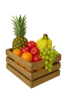 Fruits in a wooden crate with transparent background fresh produce display studio setting vibrant colors png