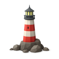 Low poly lighthouse with sea rocks transparent background coastal environment 3d graphic viewpoint for visual impact png