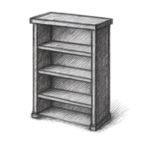 Transparent charcoal sketch bookshelf displaying artistic craftsmanship in a minimalist setting png