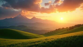 Surreal 3D Landscape of Rolling Green Hills Under a Dramatic Golden Sunset photo