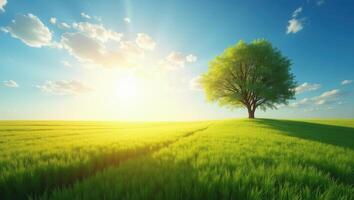 Evening Sun Over Tree and Grass Field photo