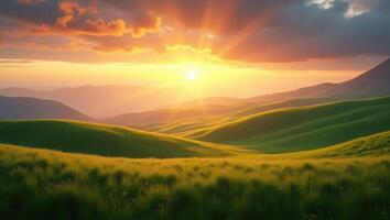 Rolling Green Hills Under Golden Sunset Sky photo