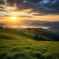 Golden Sunset Over Green Hills in 3D photo