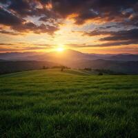 3D Landscape with Rolling Green Hills at Sunset photo