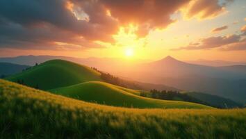Sunset Over Lush Green Rolling Hills photo