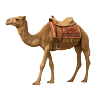 Camel with saddle on transparent background in desert environment realistic animal display captivating viewpoint png