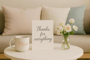 White coffee mug with the word Mom on it sits on a table next to a card that says Thanks for everything. photo