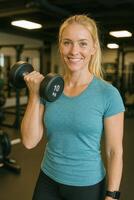 Woman is smiling and holding a dumbbell with the number 10 on it photo