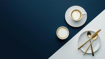 White plate with a fork and two cups of coffee on a blue background photo