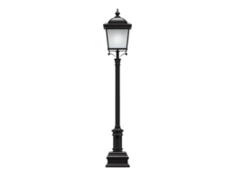 A single black ornate street lamp with a white light on a transparent background in a studio setting png