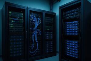 Row of computer servers with blue lights on them photo