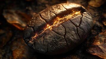 Coffee bean with a crack in it, with a small flame coming out of it photo
