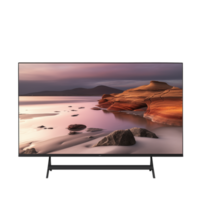 Television displaying a scenic beach landscape with rocks and mountains under a colorful sky viewable png