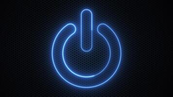 Glowing blue neon power on off button flickering on a black mesh background. Technology concept ideal for user interface concepts, tech startups, app development and cybersecurity visuals. video