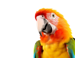 Close up shot of a colorful macaw parrot with vibrant feathers against a transparent background space png
