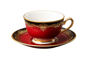 A red teacup with gold accents sits on a matching saucer against a plain transparent background image view png