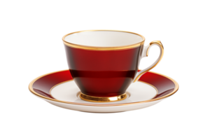 A burgundy teacup and saucer with gold trim sitting on a transparent background in a studio setting png