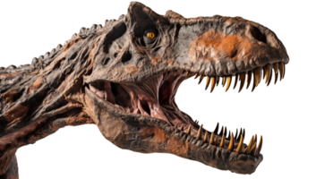 Close up of a dinosaur head with sharp teeth and open mouth against a transparent background detail view png