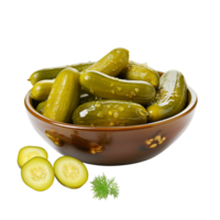A brown bowl filled with green pickles and dill sprig with cucumber slices on a transparent background png