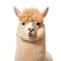 Close up portrait of a fluffy alpaca with a tan fringe looking directly at the camera on a transparent background png