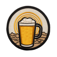 Embroidered patch featuring a beer mug with foam against a sunset over waves design in a circle png