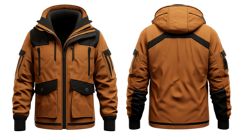 Front and back view of a brown winter jacket with black accents and a hood on a transparent background png
