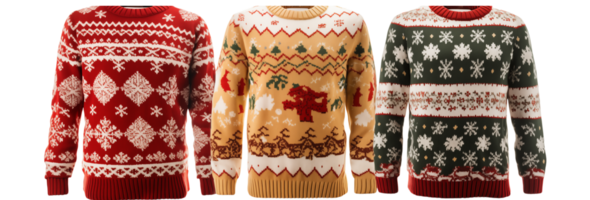 Three christmas sweaters with festive patterns in red beige and green colors on a transparent background png