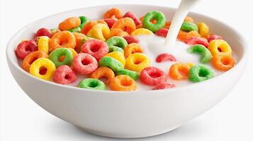 Brightly colored cereal with milk being poured in a white bowl, emphasizing a playful and inviting breakfast scene photo