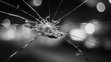 Damage from a cracked glass surface with intricate patterns reflecting light at night showcasing the fragility of materials in urban environments photo