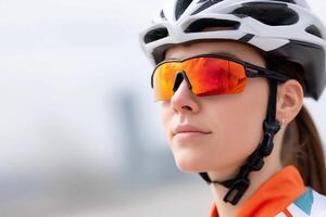 Cyclist wearing bright sunglasses and helmet during outdoor training session in urban setting on a clear day photo