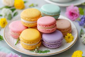 Colorful macarons arranged on a decorative plate surrounded by fresh flowers in a bright and inviting setting during springtime festivities photo