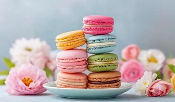 Colorful macarons arranged beautifully on a plate surrounded by blooming flowers at a spring celebration event in a bright, cheerful setting photo