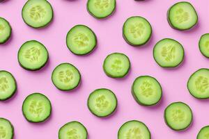 Fresh cucumber slices arranged in an artistic pattern on a pink background for a vibrant culinary presentation photo