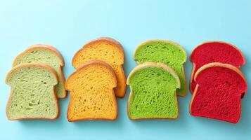 Colorful slices of bread arranged on a blue background showcasing vibrant hues of green, yellow, and red while inviting a playful culinary exploration for all ages photo