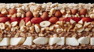 Granola bar stacked with layers of oats, nuts, and fruits for a tasty snack option packed with nutrients photo