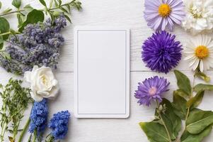 Blank tarot card for mockup surrounded by colorful floral arrangements showcasing boho and witch aesthetics in a natural setting, perfect for creative design purposes photo