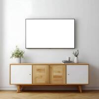 Blank frame for wall art mockup positioned above a modern wooden console in a bright interior setting with minimal decor elements for stylish presentation photo