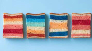 Colorful layered bread slices arranged on a blue surface showcasing vibrant hues in playful patterns and unique textures for an eye-catching display photo