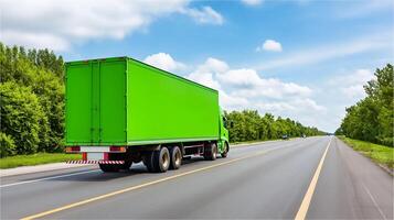 Bright green truck drives along empty highway surrounded by lush trees on a clear day, showcasing modern transport and natural scenery photo