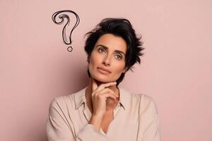 Contemplative woman pondering a question against a soft pink background, showcasing curiosity and introspection in a thoughtful moment photo