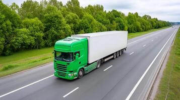 Green truck driving on a highway. The concept of environmentally friendly transport logistics. photo