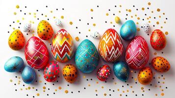 This festive Easter illustration features a vibrant collection of painted eggs in a dynamic arrangement on a clean white background. The eggs showcase a variety of intricate patterns photo